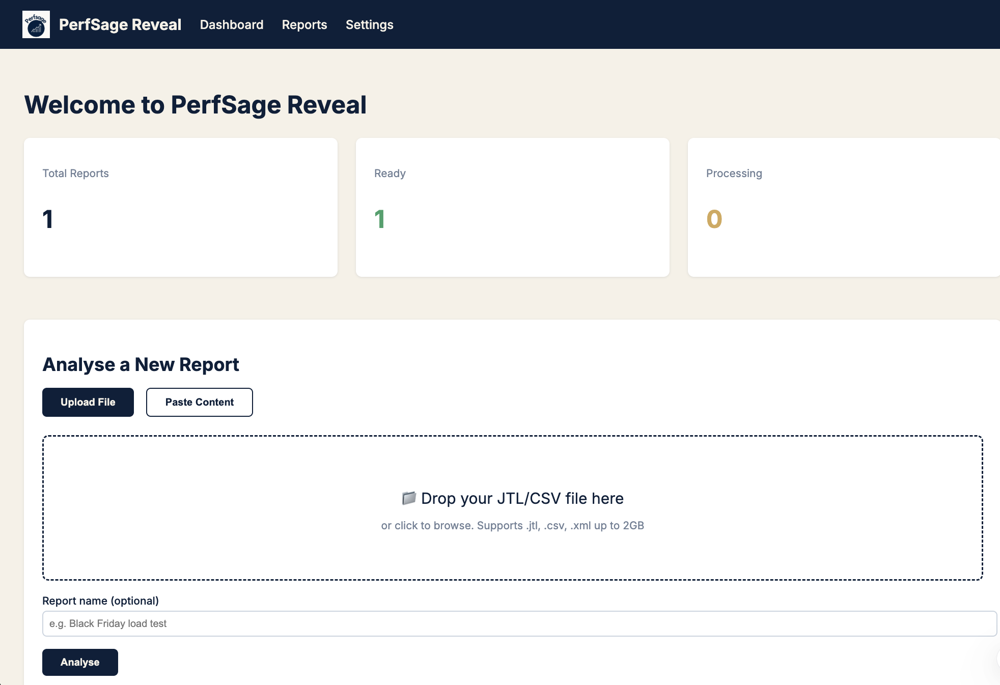 PerfSage Reveal upload screen — drop JTL, CSV, or XML up to 2GB and click Analyse
